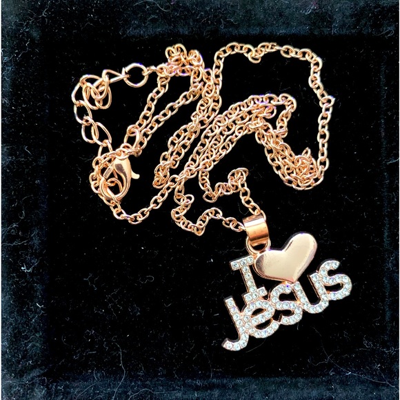Rose Gold Color 'I Love Jesus' Crystals Necklace - Picture 2 of 6